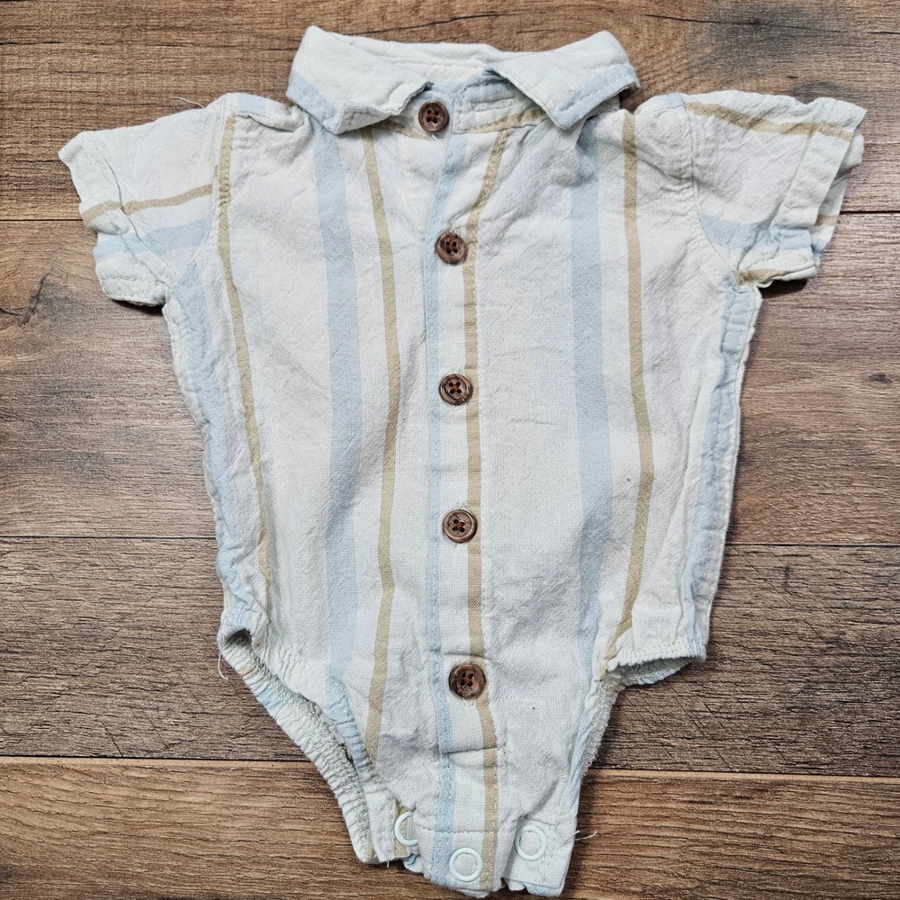 Little Lad Baby Boy Blue Tan Striped Cotton Gauze Button Down Bodysuit 0-3M‎